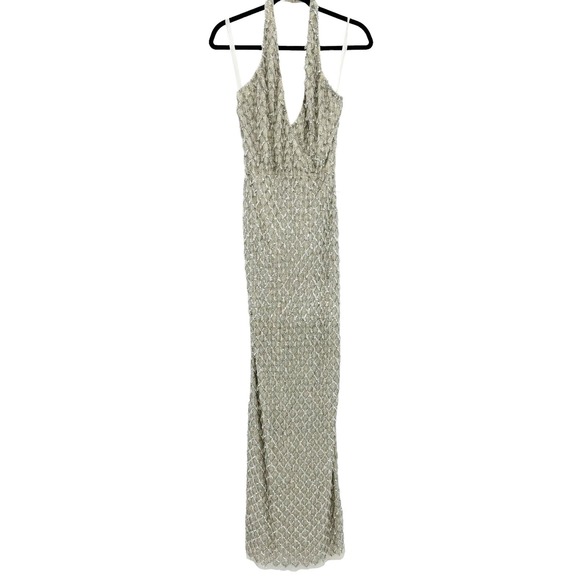 MAC DUGGAL Sequined Crystal Fringe Halter Strap Gown In Silver Size 8 NWT - Picture 5 of 12